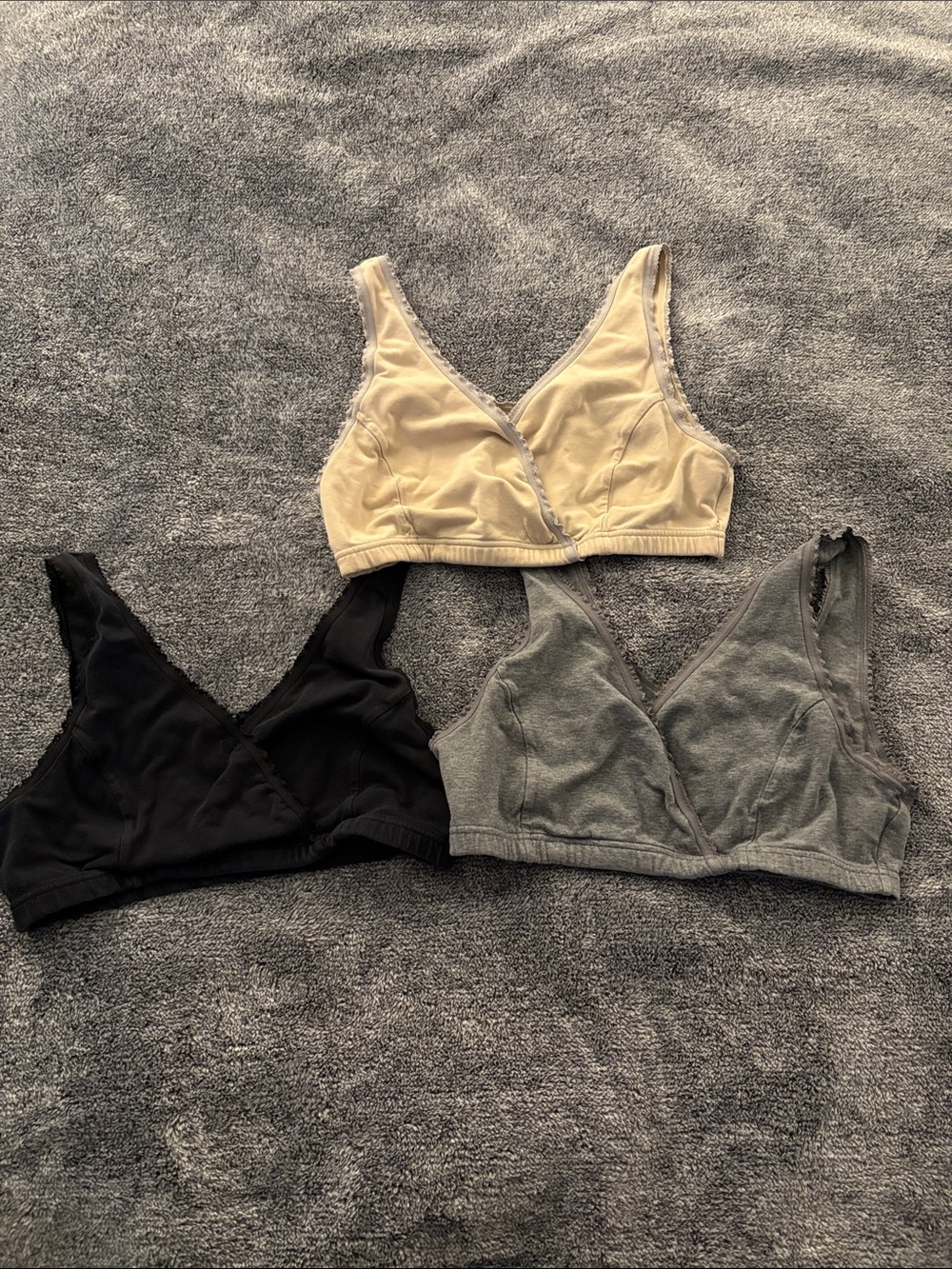 Set of 3 medium nighttime overnight nursing bras in cream, gray, and black